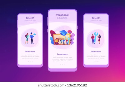 Vocational specialists graduating and diploma with graduation cap. Vocational education, professional learning, online vocational education concept. Mobile UI UX GUI template, app interface wireframe
