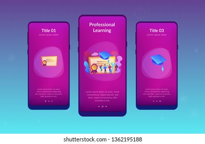 Vocational specialists graduating and diploma with graduation cap. Vocational education, professional learning, online vocational education concept. Mobile UI UX GUI template, app interface wireframe