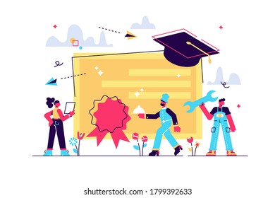 Vocational specialists graduating and diploma with graduation cap. Vocational education, professional learning, online vocational education concept. Bright vibrant violet vector isolated illustration
