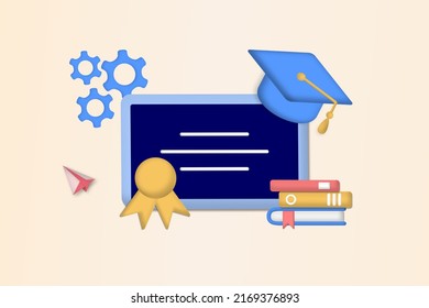 Vocational Specialists Graduating And Diploma With Graduation Cap. Vocational Education, Trade School, Professional Learning, Online Vocational Education Concept. 3D Modern Vector Illustration.