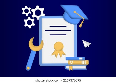 Vocational Specialists Graduating And Diploma With Graduation Cap. Vocational Education, Trade School, Professional Learning, Online Vocational Education Concept. 3D Modern Vector Illustration.