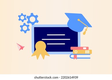 Vocational Specialists Graduating And Diploma With Graduation Cap. Vocational Education, Trade School, Professional Learning, Online Vocational Education Concept. Flat Modern Vector Illustration.