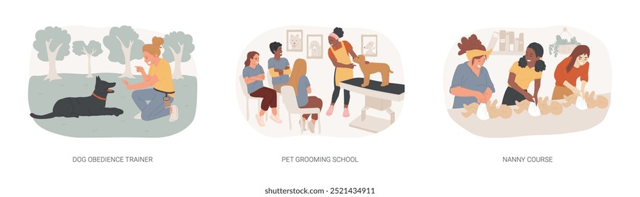 Vocational training isolated cartoon vector illustrations set. Dog obedience trainer, teach basic commands, pet grooming school, trimming fur, professional nanny course, education vector cartoon.