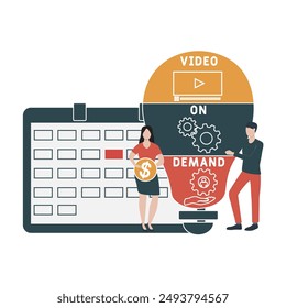 VOD - Video On-Demand Akronym. Geschäftskonzept Hintergrund. Vektorillustration Konzept mit Schlagworte und Icons. Schriftbild mit Icons für Web Banner, Flyer, Landung