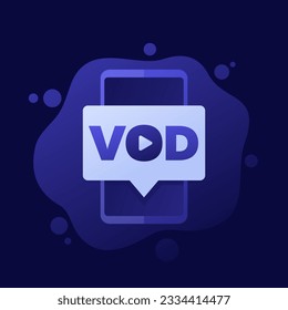 VOD, icono de vídeo a petición con un smartphone, diseño vectorial