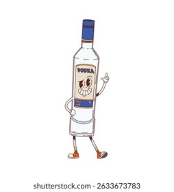 Vodka beverage bottle groovy happy character. Party alcohol drink bottle cute retro vector character, distilled booze funny vintage personage. Vodka bar or pub spirit beverage cheerful groovy mascot