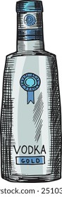 Vodka bottle engraving. Hand drawn alcohol drink