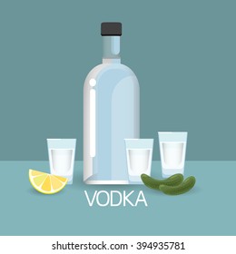 Vodka Bottle Glass With Cucumber Lemon Slice Alcohol Drink Icon Flat Vector Illustration