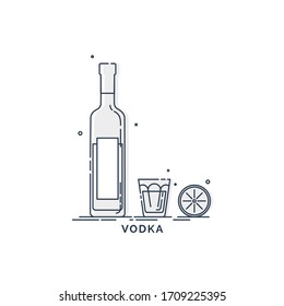 Vodka in bottle and glass with snack lemon. White background. Tasty snack. Closeup shot. Trendy fruit food design. Minimalism simplicity sign. Alcoholic product for restaurant illustration. Vector
