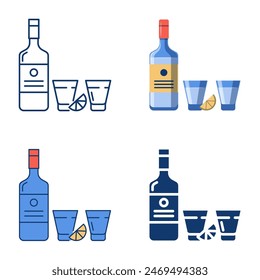 Vodka bottle and glasses icon set in flat and line style. Traditional Russian strong alcohol beverage. Vector illustration.