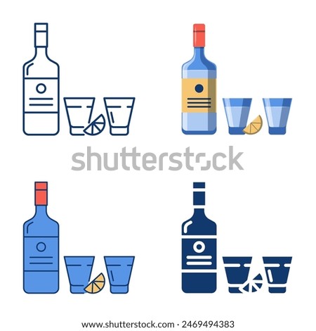 Vodka bottle and glasses icon set in flat and line style. Traditional Russian strong alcohol beverage. Vector illustration.