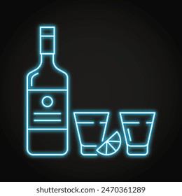 Vodka bottle and glasses neon icon. Traditional Russian strong alcohol beverage. Vector illustration.