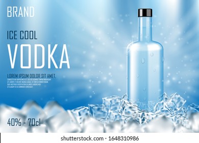 Vodka bottle with ice cubes ad. Strong alcohol drink mock up on shiny blue background and water drops. Vodka advertising banner. Realistic 3d vector illustration