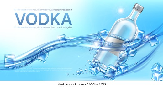 Vodka bottle with ice cubes floating in water mockup banner. Closed glass blank flask with strong alcohol drink on blue background, advertising promo ad mock up poster Realistic 3d vector illustration