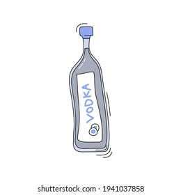 Vodka bottle on white background. Cartoon sketch graphic design. Doodle style with black contour line. Hand drawn image. Party drinks concept. Freehand drawing style. Vector.
