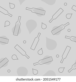 Vodka bottles and alcohol drop seamless pattern. Line art style. Outline image. Repeat template. Party drinks concept. Color Illustration on white background. Vector flat design style for any purposes