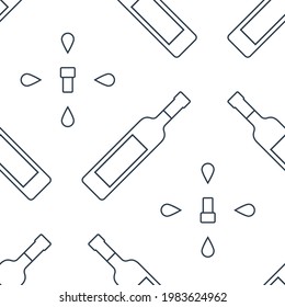 Vodka bottles seamless pattern with drops of drink and corks from flask. Line art style. Outline image. Repeat template on white background. Party drinks concept. Black and white illustration. Vector.