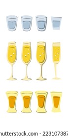 Vodka champagne tequila glass on white background. Cartoon sketch graphic design. Doodle style. Colored hand drawn image. Party drink concept for restaurant, cafe, party. Freehand drawing style.