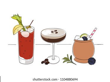 Vodka cocktails vector illustration set