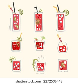 Vodka cranberry cocktails vector set. Cute drinks abstract
