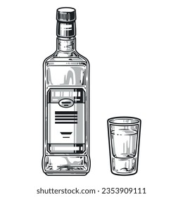 Vodka drink monochrome detailed emblem with glass shot near bottle with abstract label for advertising manufacturer alcoholic beverages vector illustration