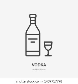 Vodka flat line icon. Vector thin sign of alcohol bottle, glass logo. Aperitif drink outline illustration for bar menu.