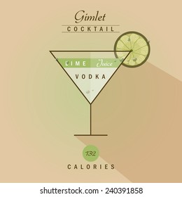 vodka gimlet cocktail with lime- vector illustration recipe in modern trendy flat design style