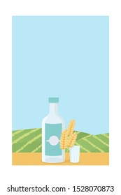 Vodka with glass banner. Vector poster of the alcohol bottle with glass and wheat near the field.
