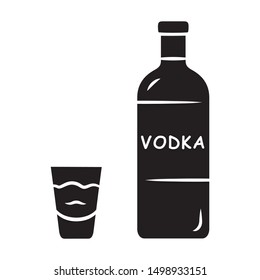 Vodka glyph icon. Bottle and shot glass with drink. Clear distilled alcoholic beverage consumed for drink and in cocktails. Silhouette symbol. Negative space. Vector isolated illustration