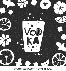 Vodka grunge style card. Cocktail glass with lemon slice silhouette on chalkboard with stylized lettering, ink drops. Nightclub, restaurant, bar menu. Poster, banner, print design