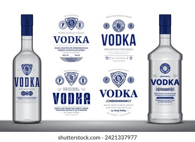 Vodka labels and bottle mockup templates. Distilling business branding and identity design elements