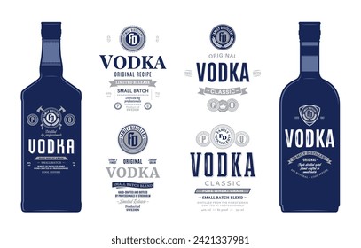 Etiquetas de vodka y plantillas de simulación de botellas. Destilación de elementos de diseño de identidad y marca comercial