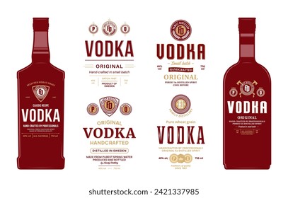 Vodka labels and bottle mockup templates. Distilling business branding and identity design elements