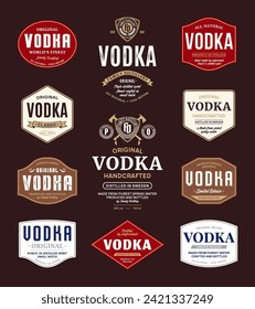 Vodka labels and packaging design templates. Vodka badges set. Distilling business branding and identity design elements