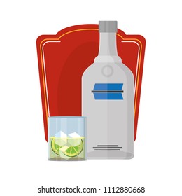 vodka liquor bottle and glass with lemon emblem