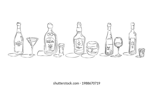 Vodka, martini, tequila, red wine, whiskey. Bottle and glass in hand drawn style. Illustration for celebration design. Sketch. Line art. Beverage outline icon. Isolated on white background. Vector.
