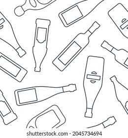 Vodka martini wine beer tequila bottles seamless pattern. Line art style. Outline image. Repeat template. Party drinks concept. Illustration on white background. Flat design style for any purposes.