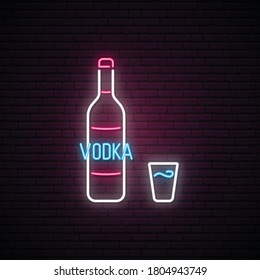 Vodka neon sign. Bright light signboard with Vodka bottle and shot. Neon alkohol emblem. Vector illustration.