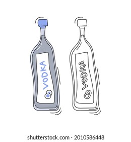 Vodka on white background. Two kinds beverage. Cartoon sketch graphic design. Doodle style with black contour line. Colored hand drawn bottle. Party drinks concept. Freehand drawing style. Vector.
