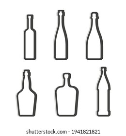 Vodka red wine champagne whiskey liquor beer bottle. Simple linear shape. Isolated object. Symbol in thin lines. Dark outline. Flat illustration on white background. Vector.
