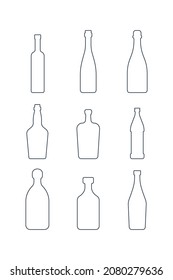 Vodka red wine champagne whiskey liquor beer tequila rum martini bottle. Alcoholic drink. Simple black line shapes isolated. Black and white illustration on white background. Flat symbol. Vector.