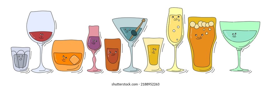 Vodka Red Wine Whiskey Liquor Rum Martini Tequila Champagne Beer Vermouth Glassware With Smile Face On White Background. Cartoon Sketch. Doodle Style With Black Contour Line. Cute Hand Drawn Glass.