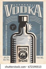 Vodka retro poster. Vintage advertising for popular alcoholic drink with vodka bottle on navy blue background. Vector art.