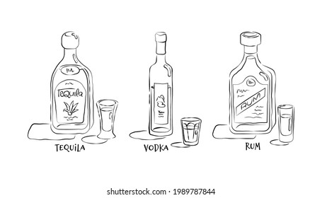 Vodka, rum, tequila. Bottle and glass in hand drawn style. Restaurant illustration for celebration design. Sketch. Line art. Vector design element. Beverage outline icon. Isolated on white background.