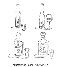 Vodka, rum, tequila, red wine. Bottle and glass in hand drawn style. Restaurant illustration for celebration design. Vector sketch. Line art design. Beverage outline icon. Isolated on white backgdrop