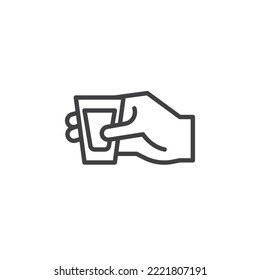 Vodka shot in hand line icon. linear style sign for mobile concept and web design. Hand holding vodka shot outline vector icon. Symbol, logo illustration. Vector graphics