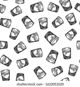 Vodka shot seamless pattern on white background. Full shot glass of alcohol wallpaper. Bar menu design. Transparent drink glass backdrop.Vintage engraved style. Vector illustration