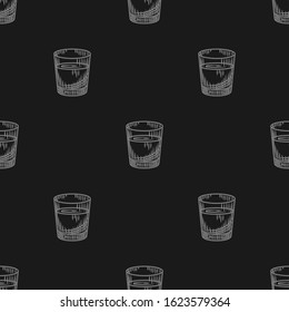 Vodka shot seamless pattern on black background. Full shot glass of alcohol wallpaper. Transparent drink glass backdrop. Bar menu design. Vintage engraved style. Vector illustration