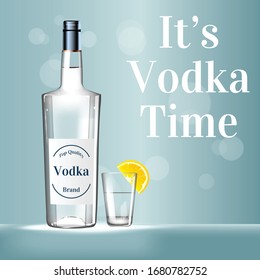 It's vodka time realistic vector product ads poster template. Top quality alcohol 3d mock up design on glitch background. Happy hour in bar advertisement printable flyer, brochure with typography