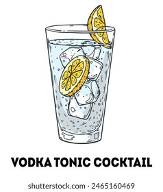 Vodka tonic cocktail illustration. Hand drawn sketch. Vector illustration. Isolated object.